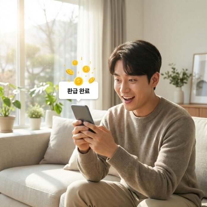 스마트폰 금융 앱을 통해 흩어진 카드 포인트와 휴면 예금 합계 금액을 확인하며 미소 짓는 한국인 남성