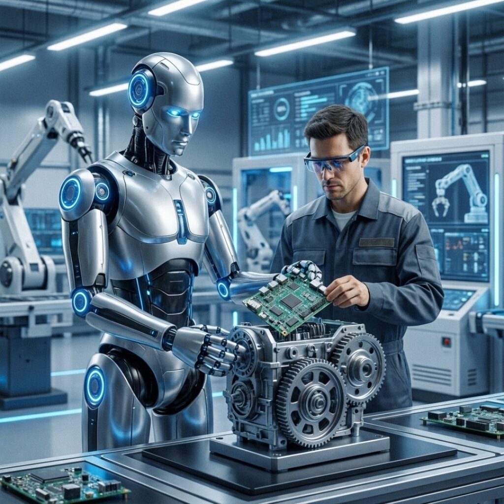 보스턴 다이내믹스와 협업한 현대차의 차세대 전동식 아틀라스 로봇이 정교한 손동작으로 물건을 옮기며 산업 현장 투입을 준비하는 시연 장면