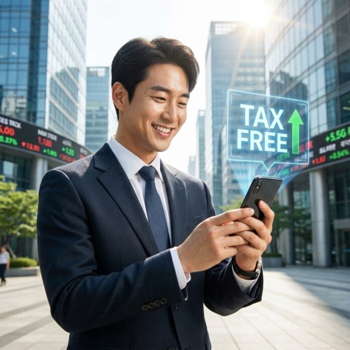 2026년 세금 면제와 투자 혜택을 상징하는 밝은 그래프와 안도하는 표정의 투자자 모습