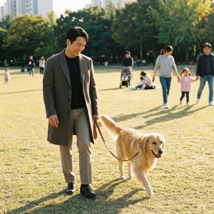 2026년 개정된 동물보호법을 확인하고 반려견과 안전하게 산책하며 미소 짓는 한국인 보호자