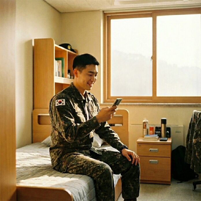 스마트폰으로 늘어난 월급과 적금 잔액을 확인하며 밝게 웃고 있는 2026년 한국인 병장의 모습