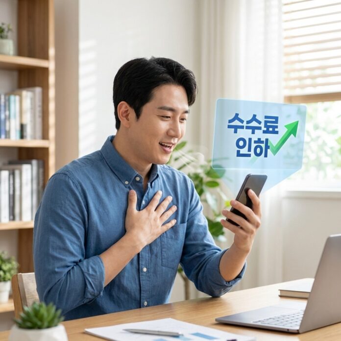 스마트폰으로 대출 이자 절감액과 줄어든 중도상환수수료를 확인하며 안도하는 30대 한국인 남성