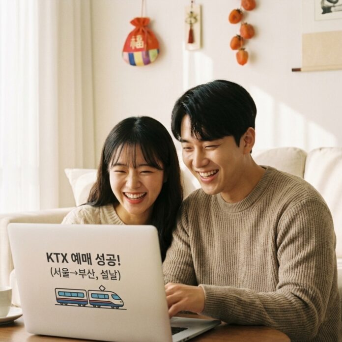 2026년 설날 기차표 예매 성공 화면을 보며 환하게 웃는 한국인 부부의 모습