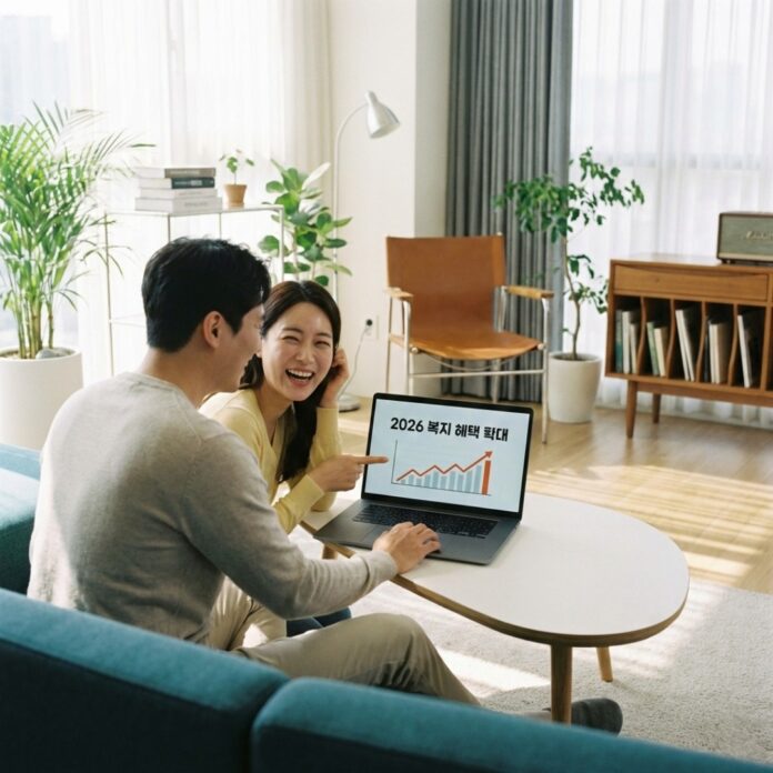 거실에서 정부의 2026 기준 중위소득 발표 뉴스를 보며 혜택을 확인하는 30대 한국인 부부