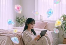 “내 감정의 해상도를 높이다” 최근 Z세대가 주목하는 메타센싱 기록 문화 아늑한 방에서 태블릿을 사용해 자신의 감정 데이터를 아름다운 예술 작품처럼 시각화하며 미소 짓는 20대 한국인 여성