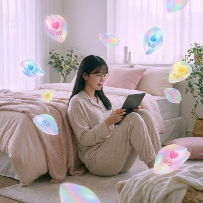 아늑한 방에서 태블릿을 사용해 자신의 감정 데이터를 아름다운 예술 작품처럼 시각화하며 미소 짓는 20대 한국인 여성