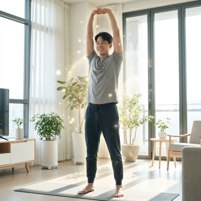 아침 햇살이 비치는 창가에서 가벼운 스트레칭을 하며 넘치는 에너지를 느끼는 30대 한국인 남성의 모습