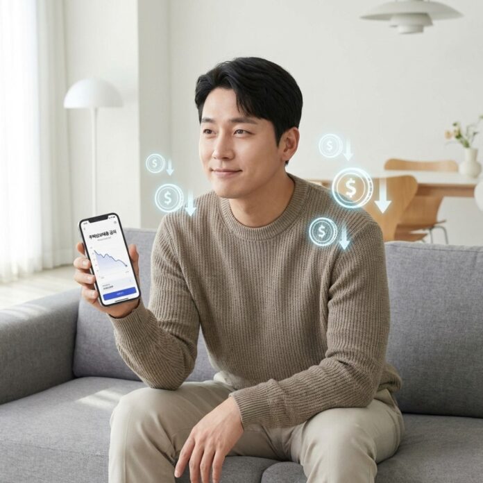 스마트폰 대출 비교 앱 화면을 보며 낮은 금리로 갈아탈 계획을 세우는 한국인 남성