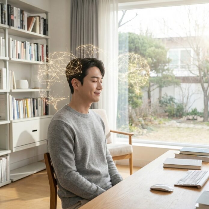 차분하고 현대적인 서재에서 명상하듯 눈을 감고 집중하는 30대 한국인 남성, 그의 머리 주변으로 지적인 에너지를 상징하는 은은한 푸른색 빛이 감도는 모습