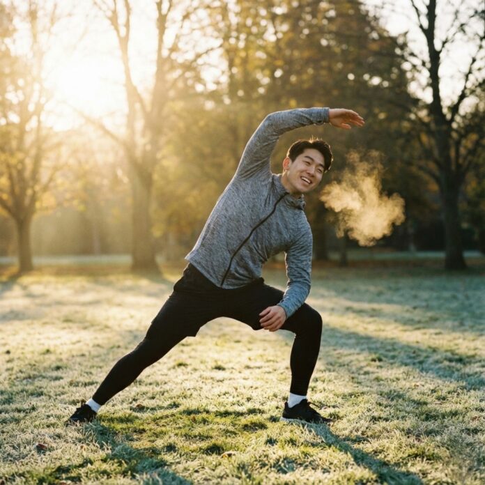 겨울철 공원에서 안전하게 준비 운동을 하며 웃고 있는 2026년 한국인 남성