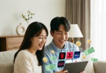 “스트림플레이션 시대” 2026년 OTT 요금제 50% 아끼는 법 스마트폰으로 다양한 OTT 앱 아이콘과 할인 혜택을 확인하며 좋아하는 한국인 남녀의 모습