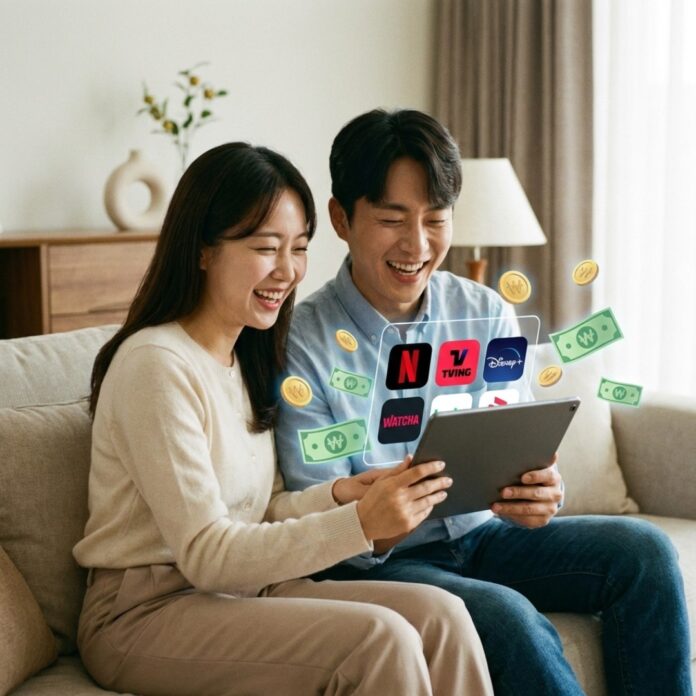 스마트폰으로 다양한 OTT 앱 아이콘과 할인 혜택을 확인하며 좋아하는 한국인 남녀의 모습