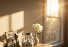 “안녕, 나의 소중한 단짝” 2026년 새해, 더 깊고 따뜻해진 펫 로스 메모리얼 문화 창가에 놓인 강아지 사진과 메모리얼 스톤, 그리고 이를 바라보며 차분하게 위로를 얻는 2026년 한국인 여성