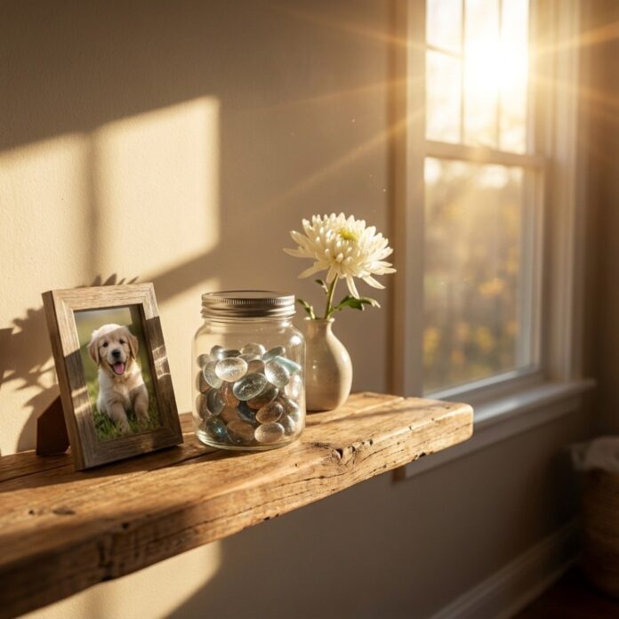 창가에 놓인 강아지 사진과 메모리얼 스톤, 그리고 이를 바라보며 차분하게 위로를 얻는 2026년 한국인 여성