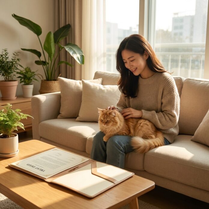 2026-pet-trust-legal-protection-korean-woman 따뜻한 거실에서 강아지를 안고 평온한 표정으로 펫 신탁 서류를 검토하며 미소 짓는 30대 한국인 여성