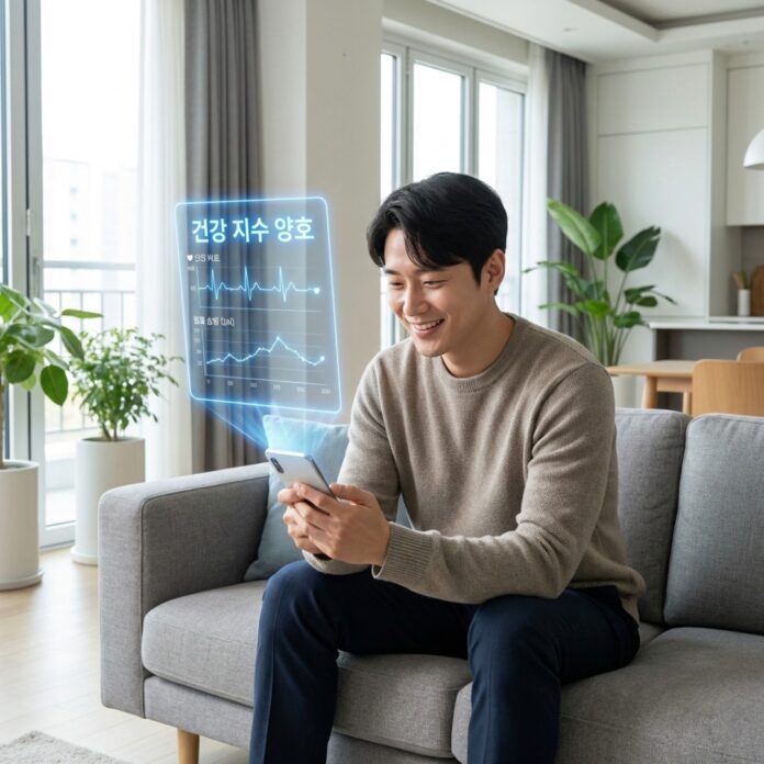 스마트 워치와 링을 착용하고 홀로그램으로 나타난 자신의 실시간 건강 분석 리포트를 확인하는 30대 한국인 남성