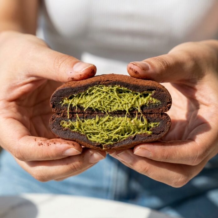 2026-real-dubai-jjondeuk-cookie-cross-section 사진 속 실제 두쫀쿠처럼, 짙은 코코아색 겉면 속에 선명한 연두색 카다이프 면들이 빽빽하게 채워진 단면을 보여주는 정교한 이미지