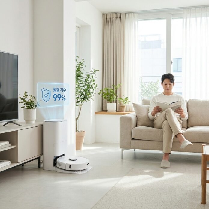 먼지 한 점 없는 세련된 거실에서 로봇 청소기가 스스로 먼지통을 비우는 모습을 흐뭇하게 바라보는 30대 한국인 남성