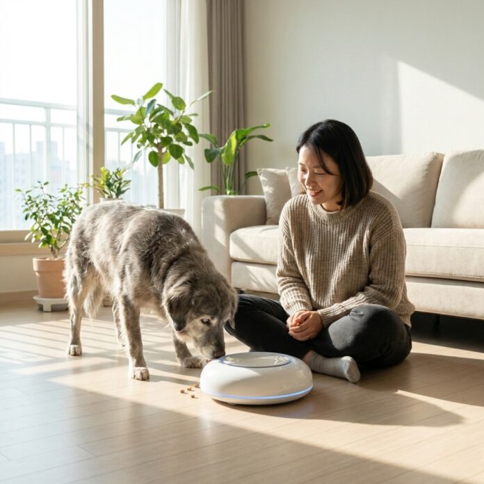 거실에서 지능형 AI 노즈워크 로봇과 상호작용하며 즐겁게 간식을 찾는 노령견과 이를 지켜보는 한국인 여성