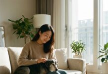 “반려동물 20세 시대” 집에서 시작하는 ‘펫 안티에이징’ 영양 관리법 따뜻한 거실에서 건강해 보이는 노령견에게 영양제가 섞인 맞춤형 식단을 정성스럽게 챙겨주는 30대 한국인 여성