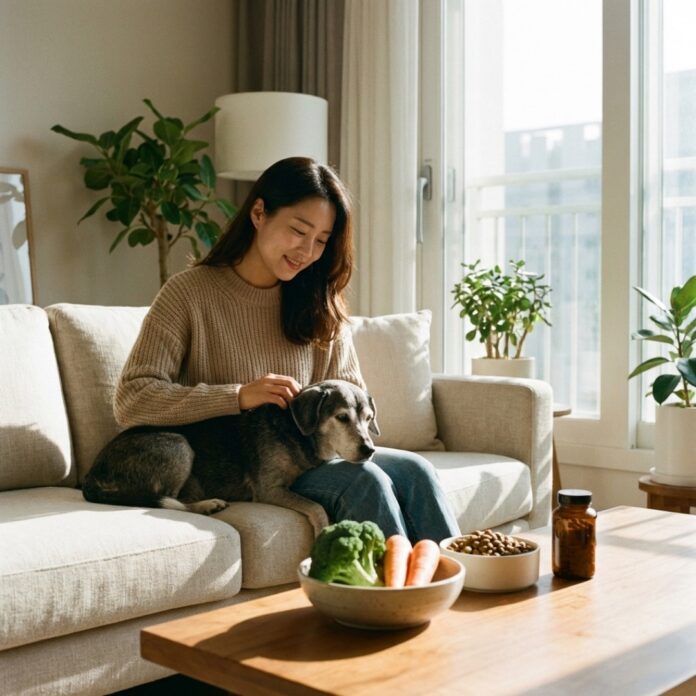따뜻한 거실에서 건강해 보이는 노령견에게 영양제가 섞인 맞춤형 식단을 정성스럽게 챙겨주는 30대 한국인 여성