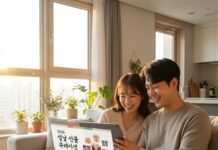 “취향 저격의 기술” 2026년 설날 선물 트렌드와 AI 큐레이션의 진화 거실 소파에 앉아 태블릿 PC의 AI 큐레이션 화면을 보며 부모님 설 선물을 즐겁게 고르는 30대 한국인 부부