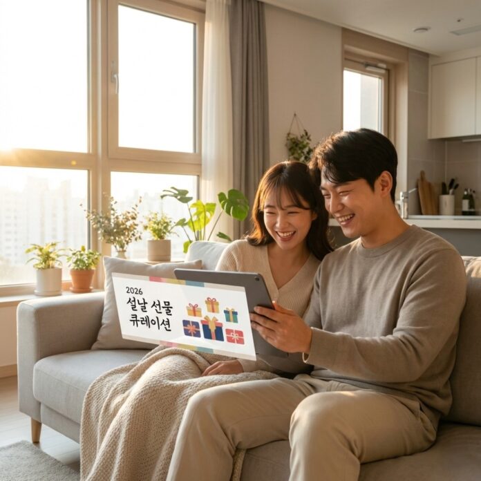 거실 소파에 앉아 태블릿 PC의 AI 큐레이션 화면을 보며 부모님 설 선물을 즐겁게 고르는 30대 한국인 부부