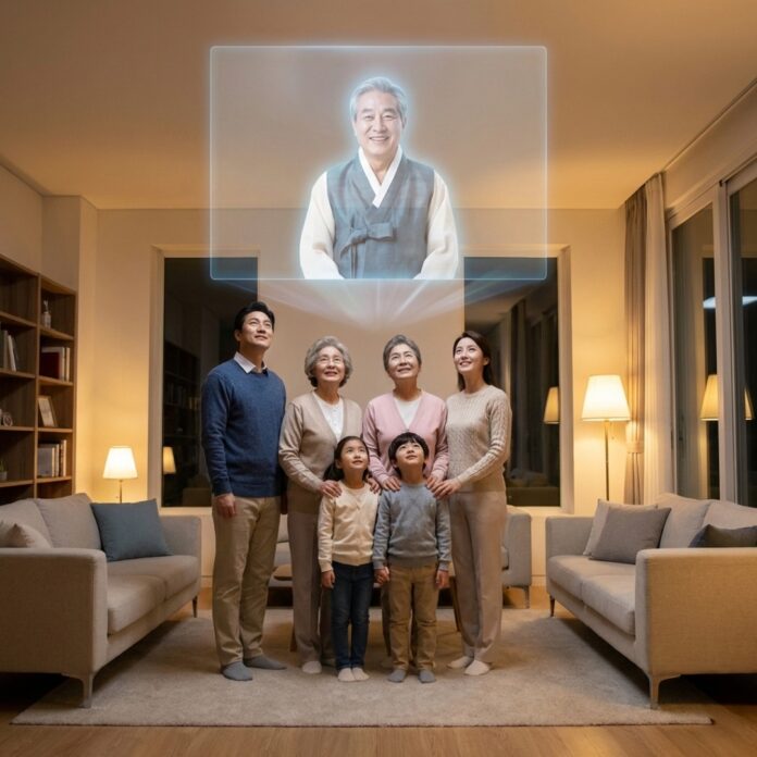 대형 스크린 속 AI로 복원된 할아버지 아바타를 보며 온 가족이 거실에 모여 제사를 올리는 모습
