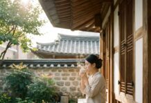 혼자라도 즐거운 병오년 설날, 도심 속 힐링 명소 TOP 4 한옥 마당에서 차를 마시며 휴식을 취하는 한국인 여성의 모습