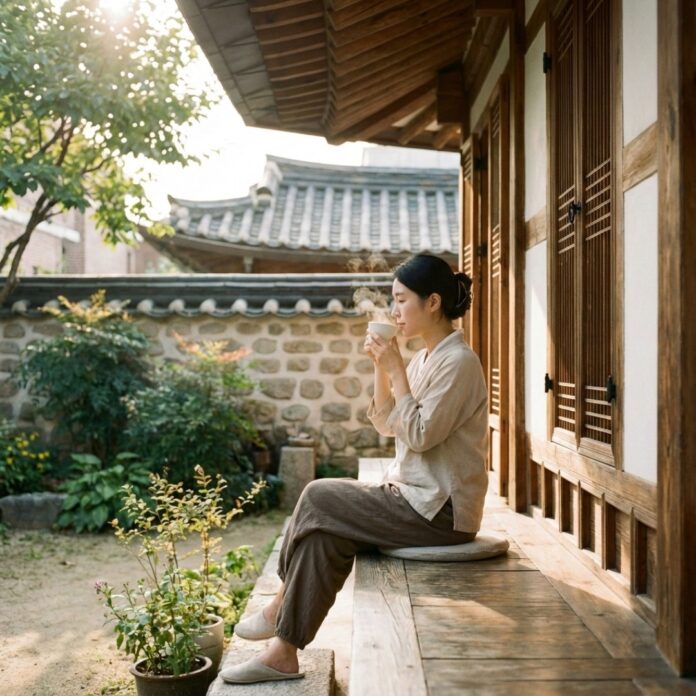 한옥 마당에서 차를 마시며 휴식을 취하는 한국인 여성의 모습