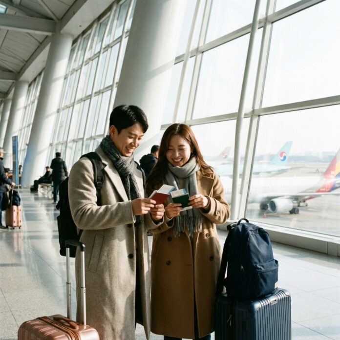 인천공항에서 설 연휴 여행을 앞두고 설레는 표정으로 여권을 든 30대 한국인 커플