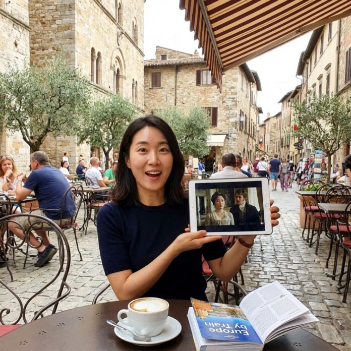 유명 드라마 촬영지인 아름다운 해변 카페에서 태블릿으로 관련 영상을 보며 여행을 즐기는 30대 한국인 여성