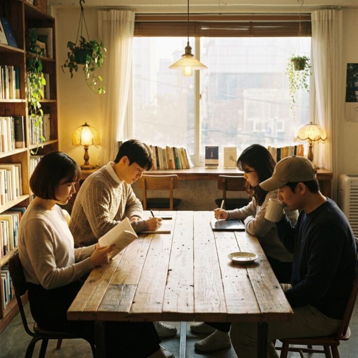 세련된 카페에서 여러 명의 한국인 청년들이 한 테이블에 앉아 각자 책을 읽거나 노트북 작업을 하며 조용한 공존을 즐기는 모습