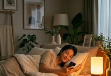 잠만 잘 자도 살이 빠진다? 수면 질 높이는 슬립테크와 꿀잠 루틴 미래형 스마트 베드에 누워 스마트워치로 수면 데이터를 확인하며 편안하게 미소 짓는 한국인 여성