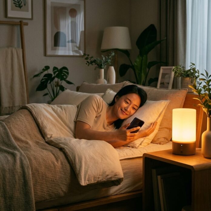 미래형 스마트 베드에 누워 스마트워치로 수면 데이터를 확인하며 편안하게 미소 짓는 한국인 여성