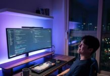 데스크테리어 2.0, 몰입도를 높이는 AI 스마트 조명과 워크스테이션 설계 세련된 데스크테리어 2.0이 구현된 홈 오피스에서 AI 스마트 조명을 조절하며 업무에 몰입하는 한국인 남성