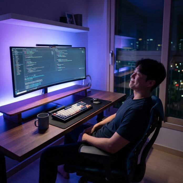 세련된 데스크테리어 2.0이 구현된 홈 오피스에서 AI 스마트 조명을 조절하며 업무에 몰입하는 한국인 남성