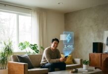 전기료 고지서가 반갑다? 가정용 가상발전소(VPP) 시스템과 에너지 라이프 스마트폰의 에너지 관리 앱을 통해 실시간 전력 생산량과 수익 현황을 확인하며 만족해하는 한국인 남성