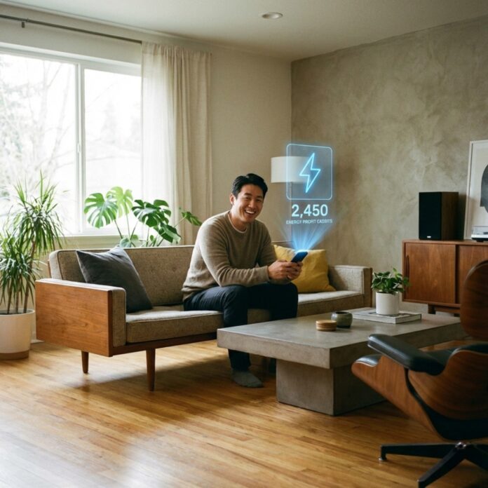 스마트폰의 에너지 관리 앱을 통해 실시간 전력 생산량과 수익 현황을 확인하며 만족해하는 한국인 남성