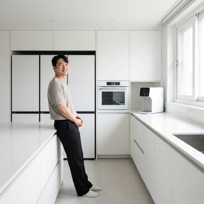 세련된 빌트인 주방 스마트 가전들이 효율적으로 배치된 현대적인 한국 주방 인테리어