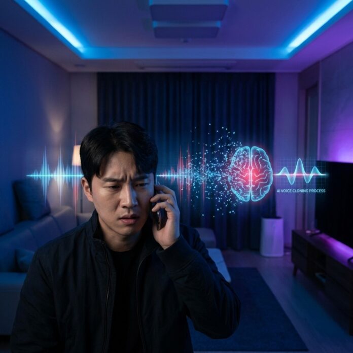 2026-voice-deepfake-security-concept-korean 어두운 방에서 스마트폰을 든 채 의심스러운 표정으로 통화하는 30대 한국인 남성, 화면 뒤로 소리의 파동이 데이터화되어 복제되는 듯한 차가운 디지털 그래픽이 오버레이된 모습