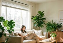 집이 나를 치유하는 시간, 감각을 깨우는 ‘웰니스 인테리어’ 따뜻한 햇살이 들어오는 거실에서 초록색 식물들과 함께 휴식을 취하는 모습