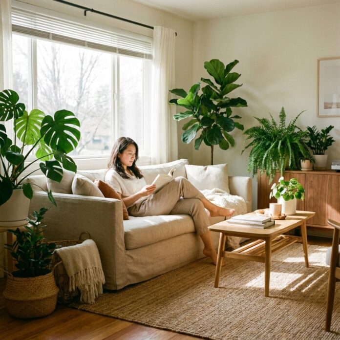 따뜻한 햇살이 들어오는 거실에서 초록색 식물들과 함께 휴식을 취하는 모습