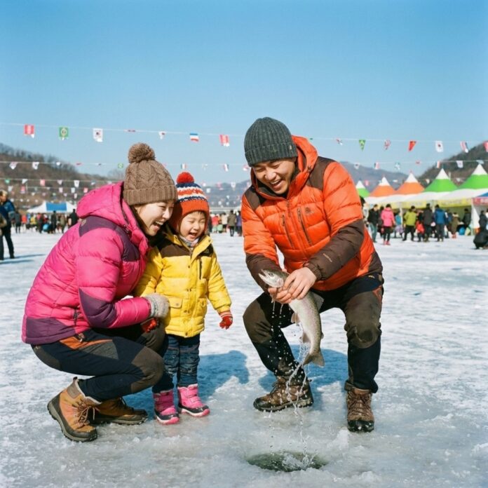화려한 겨울 축제 현장에서 얼음낚시를 즐기며 환하게 웃고 있는 한국인 가족의 모습