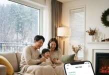 고지서가 무섭다면? AI가 해결하는 2026년 난방비 절약 실전 가이드 따뜻한 거실에서 스마트폰 앱으로 실시간 난방비와 온도를 체크하며 만족해하는 한국인 가족