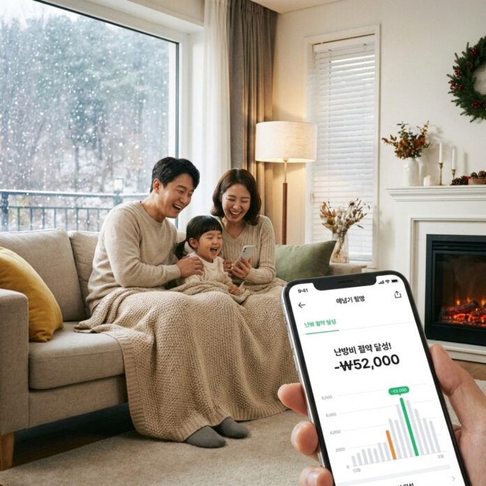 따뜻한 거실에서 스마트폰 앱으로 실시간 난방비와 온도를 체크하며 만족해하는 한국인 가족