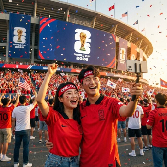 미국 국기와 축구공 소품을 들고 라스베이거스 경기장 앞에서 환호하는 2026년 한국인 축구 팬들의 모습