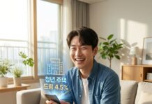 “실수요자 필독” 청년 주택드림 청약통장 혜택과 내 집 마련 전략 스마트폰으로 청년 주택드림 청약통장의 높은 금리와 대출 혜택을 확인하며 행복한 미래를 설계하는 한국인 남성