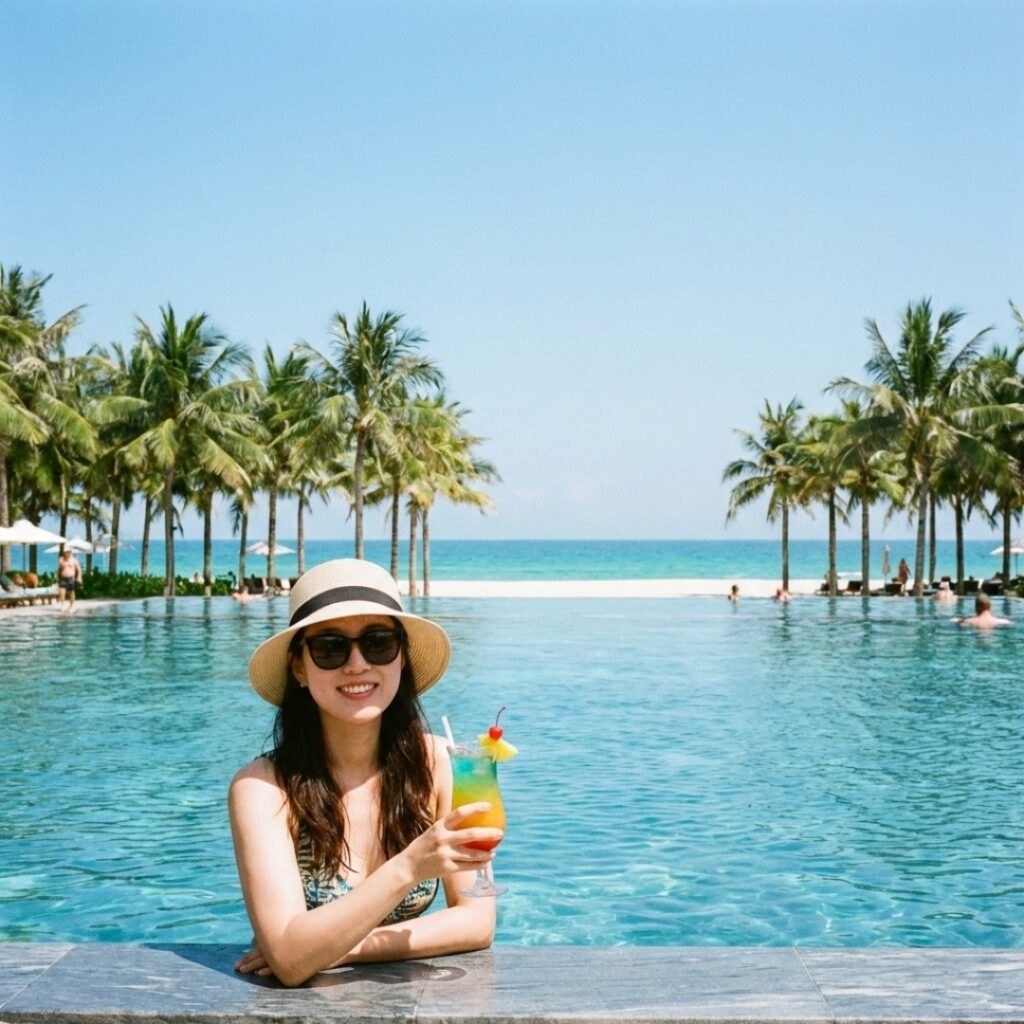 대형 리조트 수영장에서 30대 한국인 여성이 칵테일을 들고 휴식을 즐기는 모습