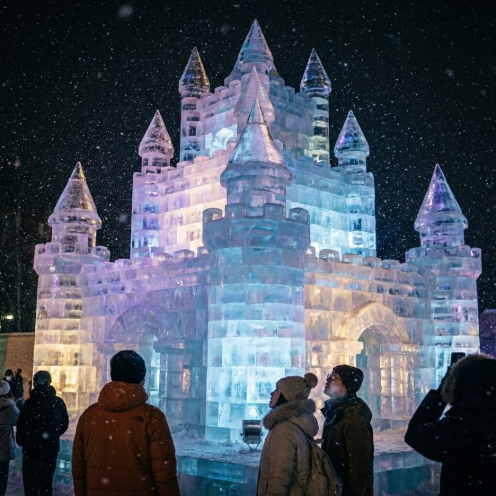 밤하늘 아래 화려한 조명이 켜진 일본 삿포로 눈 축제의 웅장한 얼음 성 조각상